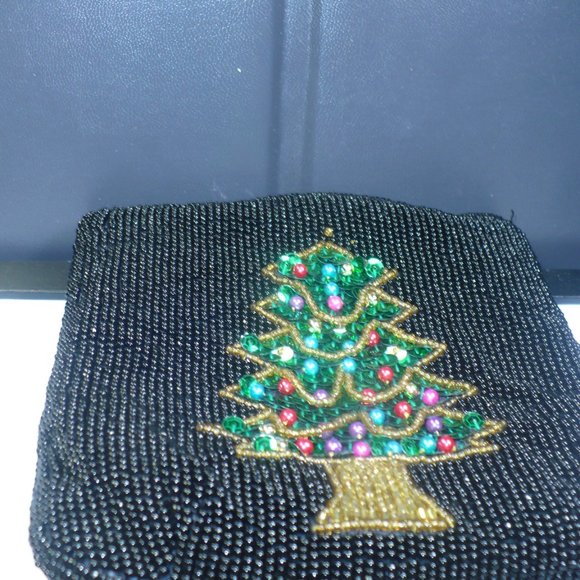 Black Glass seed bead Green & Gold Sequence Christmas Tree  Holiday Purse - Picture 3 of 6